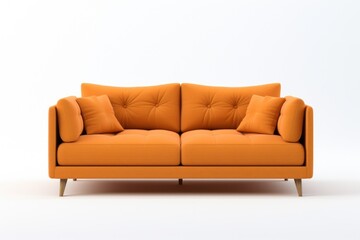 An orange couch sitting on top of a white floor. Suitable for home decor or interior design concepts