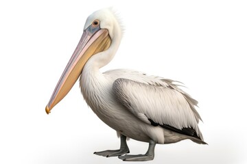 A pelican is standing on a white surface. This image can be used to depict wildlife, birds, nature, or coastal environments