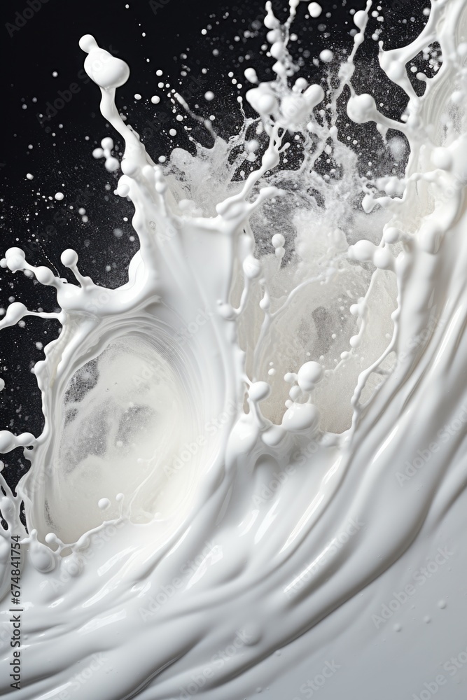 Poster a captivating image of a splash of milk on a black background. perfect for food and beverage adverti