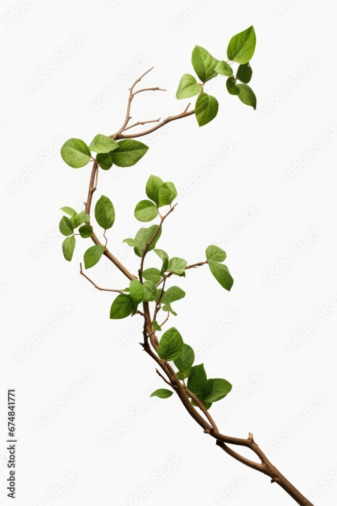 Poster a branch with green leaves on a clean white background. ideal for use in nature-themed designs and i