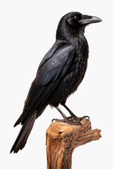 Fototapeta premium A black bird perched on top of a piece of wood. This image captures the beauty and simplicity of nature. Perfect for nature enthusiasts or bird lovers.