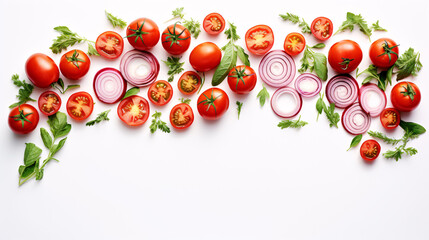 A creative composition of sliced tomato, onion, cucumber, and basil leaves is isolated on a white...