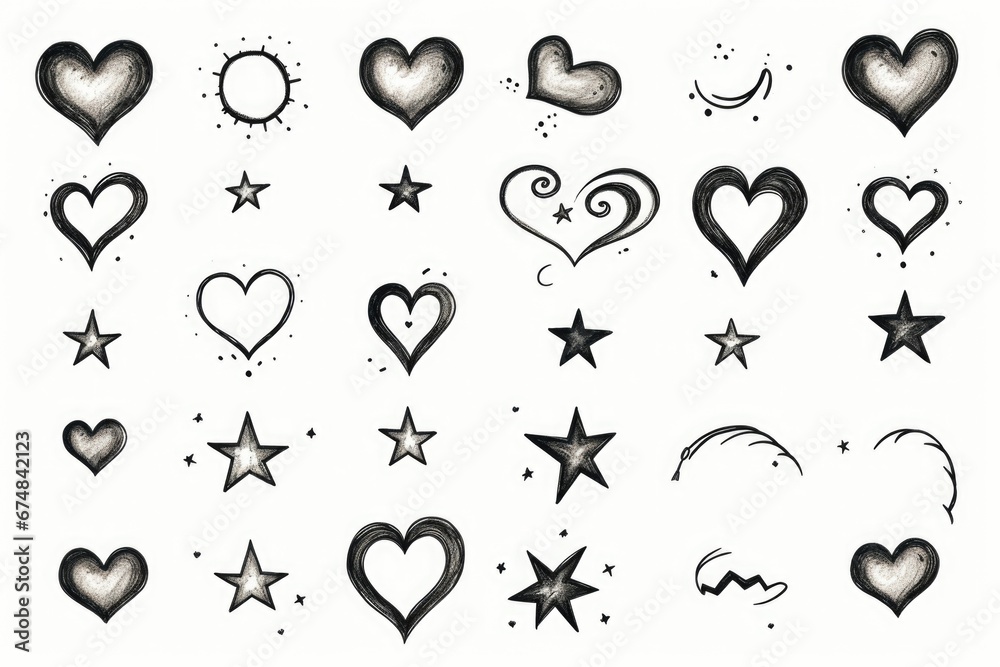 Poster A collection of black and white hearts and stars. Perfect for adding a touch of elegance and simplicity to any design project