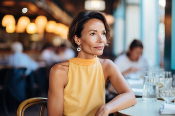 femme 50-60ans en tenue de soirée, élégante et raffinée  dans un restaurant gastronomique de grand standing - obrazy, fototapety, plakaty
