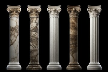 A set of four marble columns with a black background. Perfect for architectural designs and historical projects