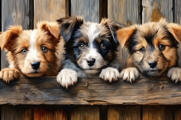 A group of dogs sitting on top of a wooden fence. This image can be used to depict friendship, teamwork, or unity. It can also be used to illustrate pet care or training