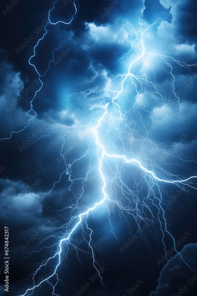 Poster A powerful lightning bolt striking through a cloudy sky. This image captures the intensity and energy of a thunderstorm. Perfect for illustrating the forces of nature or adding drama to any project