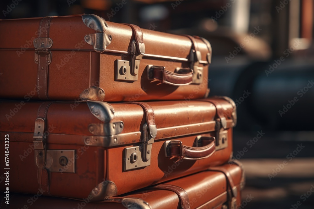 Poster A stack of brown suitcases neatly arranged on top of each other. Perfect for travel-related designs or concepts