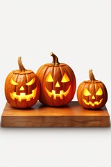 Fototapeta premium Three carved pumpkins sitting on a wooden stand. Perfect for Halloween decorations or festive fall displays