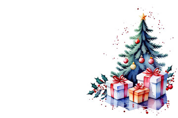Ilustración de un árbol de navidad con regalos, ambiente navideño para postal o tarjeta de felicitación - obrazy, fototapety, plakaty