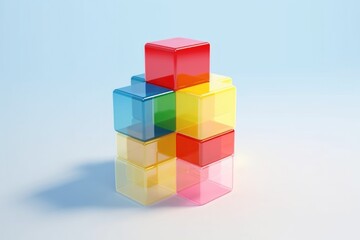 Obraz premium A stack of colorful plastic cubes on a blue surface. This versatile image can be used for various concepts and designs