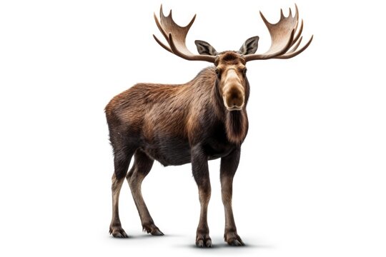 A majestic moose with impressive antlers stands on a clean white surface. This image can be used to depict wildlife, nature, or animal themes.
