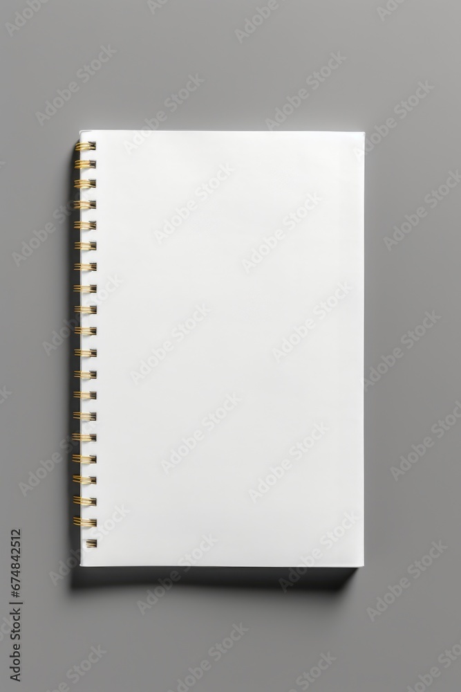 Poster A white notebook with a blank page resting on a smooth gray surface. This versatile image can be used for various purposes