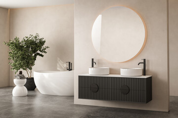 Beige bathroom interior with double sink and mirror, concrete floor, bathtub, plants. Bathing...