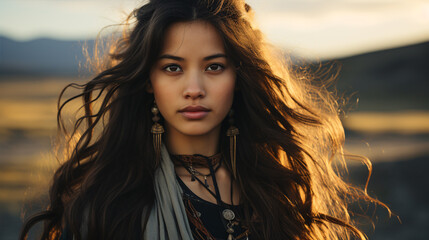 Portrait of a teenage Mongolian woman in traditional garb.