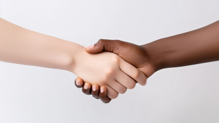 Multiethnic young women display business unity with a handshake, exuding agreement in a positive manner on a white background.