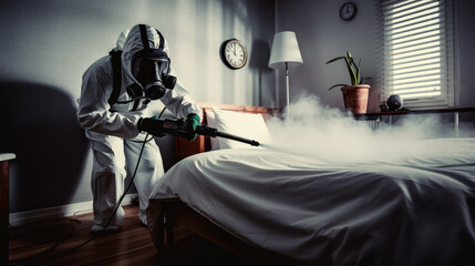 A pest controller in protective gear is atomizing insecticides in the sleeping quarters.