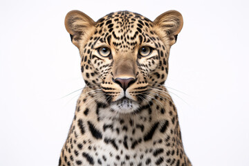 A Panthera pardus, posing and gazing at the lens, is depicted against a blank background.
