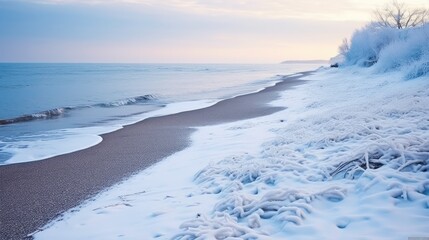 water winter beach snow landscape illustration cold nature, season tourism, frost icy water winter beach snow landscape - Powered by Adobe