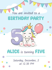 Birthday party invitation card with cute pony, balloon and number five. Vector illustration
