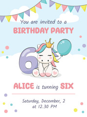 Birthday party invitation card with cute pony, balloon and number six. Vector illustration