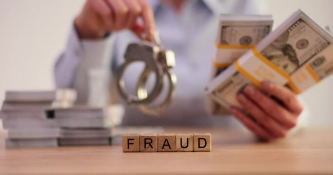 Person holding dollar bills in handcuffs and word fraud