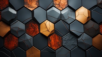 Dark grey hexagonal bricks with a golden touch: Wallpaper and background for presentations and slides