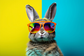 bunny with sunglasses on colorful background - obrazy, fototapety, plakaty
