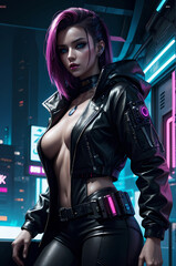 Naklejka premium Beautiful girl in cyberpunk style city