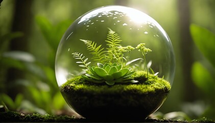 A flourishing, green world bursting with diverse flora, encased within a translucent orb, symbolizing the unity of nature and the need for collective environmental protection.