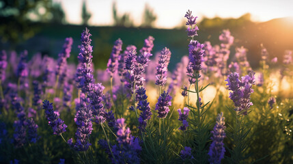 A field of organic lavender, purple hues contrasting with green stems, soft focus, tranquil atmosphere, late afternoon
