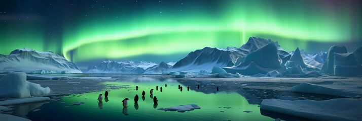 Aurora Fantasy: Photorealistic Northern Lights dancing over an icy landscape with penguins, full moon in the sky