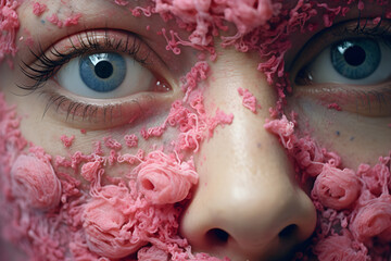 Beautiful young woman with pink cosmetic mask on face, closeup