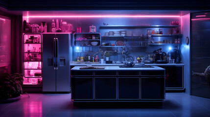 High-tech futuristic kitchen, voice-activated gadgets, transparent fridge, neon lighting accents