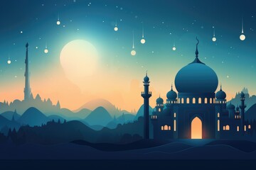 Happy Ramadan background with mosque in the night