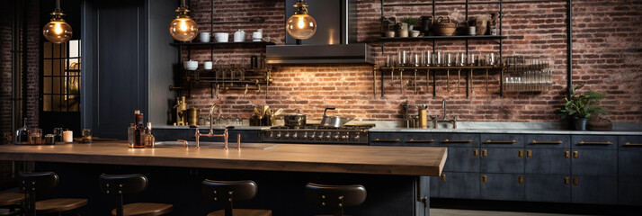 Industrial chic kitchen, exposed brick walls, stainless steel countertops, hanging Edison bulbs