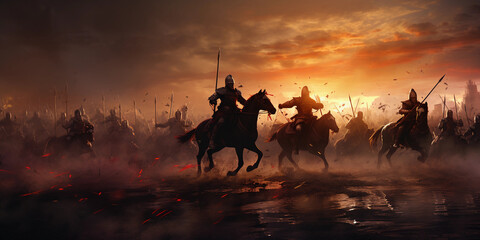Obraz na płótnie Canvas Medieval Battlefield: Photorealistic digital painting of knights and dragons clashing on a medieval battlefield at dusk, misty ambiance