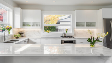 Modern minimalist kitchen, sleek white cabinets, marble countertops, stainless steel appliances