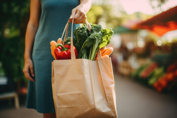 Close-up shot of a person's hand holding a eco friendly reusable shopping bag with bio vegetables at a local farmers market. Healthy food shopping, zero waste, plastic free - Powered by Adobe