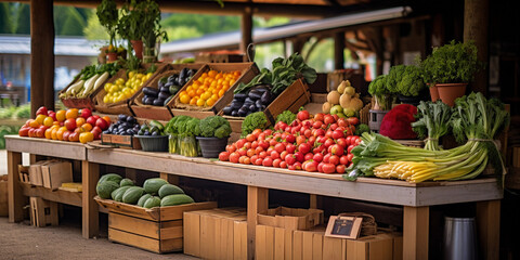 Fototapeta na wymiar Organic farm market stand, an array of colorful fruits and vegetables displayed in wooden crates, chalkboard signs, cheerful vendor