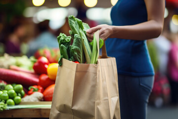 Close-up shot of a person's hand holding a eco friendly reusable shopping bag with bio vegetables at a local farmers market. Healthy food shopping, zero waste, plastic free - obrazy, fototapety, plakaty