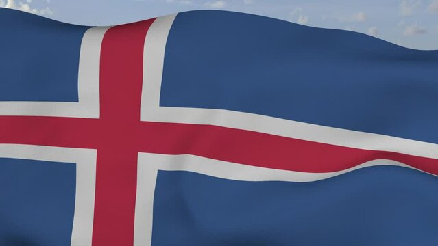 Loop der Island Fahne wehend im Wind als Nahaufnahme 4K