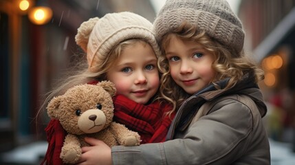 Obraz premium Holiday Hug Day concept. Cute little girl hugging her toy bear.