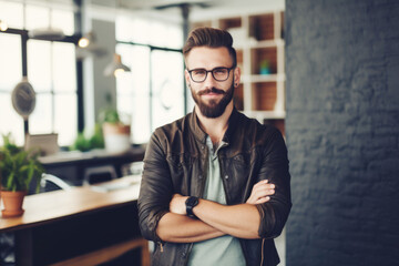 Obraz premium Confident and smiling handsome hipster man standing in the office
