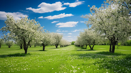 Obraz premium Row of organic apple trees in bloom, white blossoms, lush grass, blue sky with wispy clouds, springtime