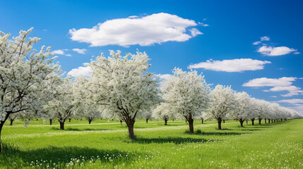 Fototapeta premium Row of organic apple trees in bloom, white blossoms, lush grass, blue sky with wispy clouds, springtime