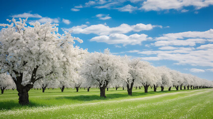 Obraz premium Row of organic apple trees in bloom, white blossoms, lush grass, blue sky with wispy clouds, springtime