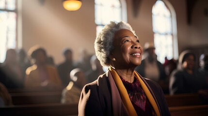 an African American female pastor in her 50s. diverse congregation inside a rustic church. warmly lit. generative AI - obrazy, fototapety, plakaty
