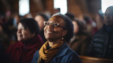 an African American female pastor in her 50s. diverse congregation inside a rustic church. warmly lit. generative AI - obrazy, fototapety, plakaty