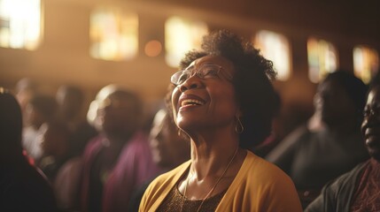 an African American female pastor in her 50s. diverse congregation inside a rustic church. warmly lit. generative AI